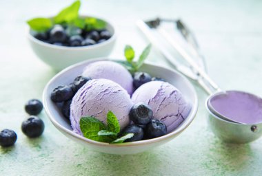Homemade blueberry  ice cream with fresh blueberries. Sweet berry summer dessert. Concrete background