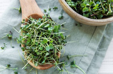 Tekstil arka planında tahta kaşıkta taze organik turp yeşili.