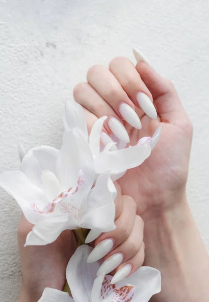 爪に白いマニキュアを持つ若い女性の美しい手 白い蘭の花を持つ少女の手 — ストック写真
