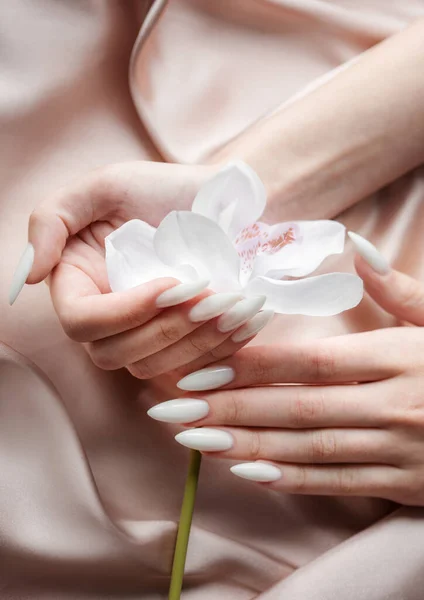 Piękne Dłonie Młodej Kobiety Białym Manicure Paznokciach Beżowy Jedwabne Tło — Zdjęcie stockowe