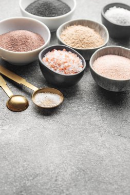 Assorted speciality salt, himalayan pink salt, italian black truffle salt, india black  kala namak salt,  hawaiian  black lava sea salt, hickory  smoked  sea sal