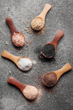 Assorted speciality salt, himalayan pink salt, italian black truffle salt, india black  kala namak salt,  hawaiian  black lava sea salt, hickory  smoked  sea sal