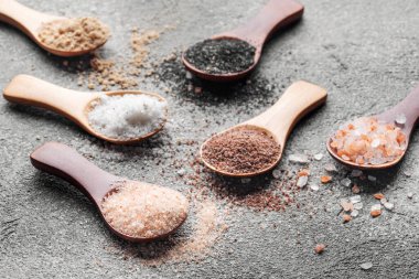 Assorted speciality salt, himalayan pink salt, italian black truffle salt, india black  kala namak salt,  hawaiian  black lava sea salt, hickory  smoked  sea sal