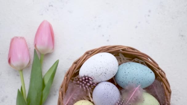 Woman Hand Puts Basket Painted Easter Eggs Table Decorated Pink — Video