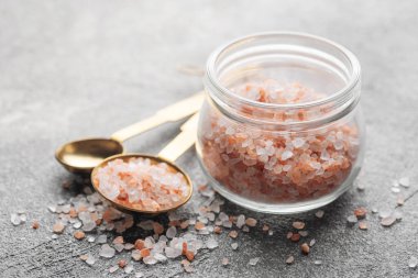 Jar of himalayan pink salt .  Healthy food concept. Speciality salt. 