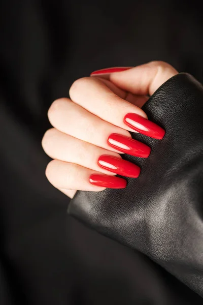 Hands Young Girl Red Manicure Nails Black Background — Stockfoto