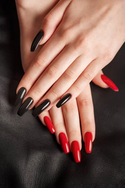 Hands Young Girl Black Red Manicure Nails Black Leather Background — Stok Foto