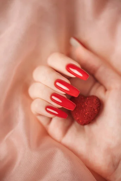 Trendy Female Manicure Woman Hands Red Decorative Heart Beauty Spa — Stok Foto