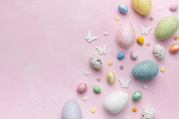 Happy Easter Concept Flat Lay Easter Eggs Pink Concrete Background – stockfoto