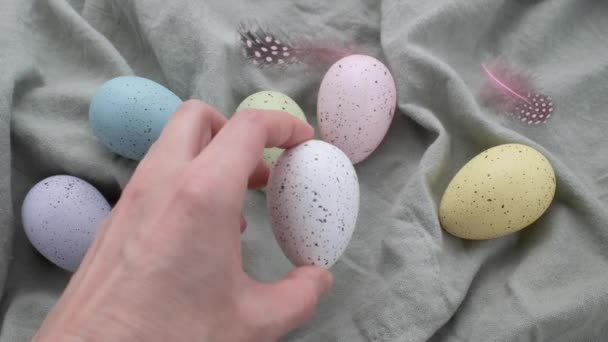Woman Hand Puts Colored Easter Egg Table Concept Preparing Easter — Stockvideo