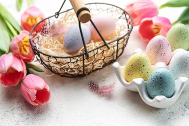 Basket with Easter eggs painted  pastel colors and pink tulips on a concrete background. Top view. Space for text.