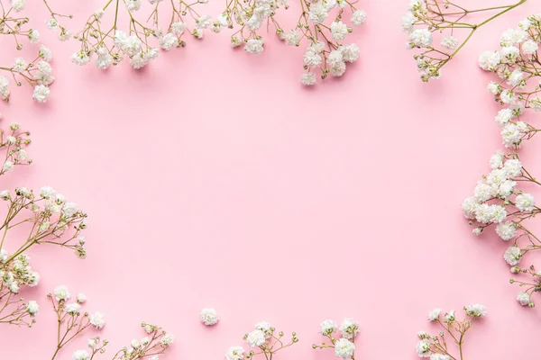 White gypsophila flowers or baby\'s breath flowers  on pink  background.  Copy space.