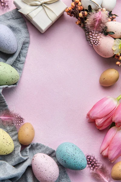 Happy Easter Holiday Greeting Card Bouquet Pink Tulips Easter Egg — kuvapankkivalokuva