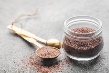 Jar of India black kala namak salt.  Healthy food concept. Speciality salt.