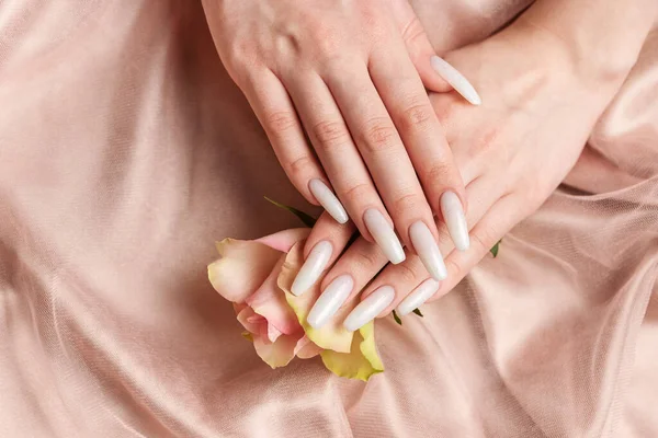 时尚时尚的女性修指甲 美丽的年轻女子的手 有着洁白的指甲 粉红的背景上有玫瑰 — 图库照片