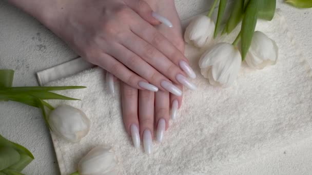 Belle Mani Una Giovane Donna Con Manicure Bianca Sulle Unghie — Video Stock