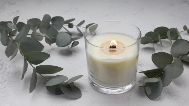 白色燃烧的蜡烛与桉树枝条 温泉和治疗 放松的概念 有桉树枝干的蜡烛燃烧着 然后熄灭了 — 图库视频影像