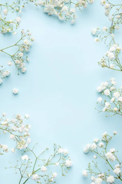 White gypsophila flowers or baby\'s breath flowers  on blue  background.  Copy space.