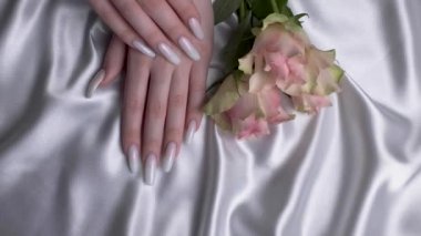 Tırnaklarında beyaz manikür olan genç bir kadının güzel elleri. İpek arkaplan. Ellerinde pembe güller