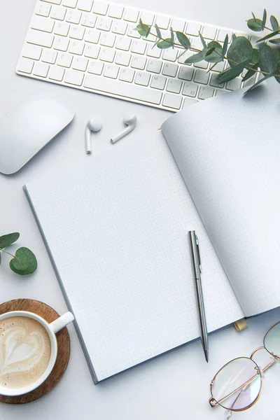 Modern White Office Desk Table Laptop Notebook Other Supplies Blank — kuvapankkivalokuva