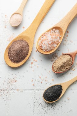 Assorted speciality salt, himalayan pink salt, italian black truffle salt, india black  kala namak salt,  hawaiian  black lava sea salt, hickory  smoked  sea salt