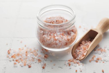 Jar of himalayan pink salt .  Healthy food concept. Speciality salt. 