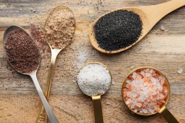 Assorted speciality salt, himalayan pink salt, italian black truffle salt, india black  kala namak salt,  hawaiian  black lava sea salt, hickory  smoked  sea salt