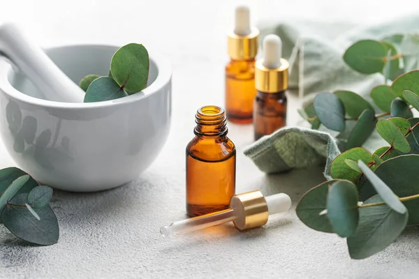 Massage Spa Essential Oils Eucalyptus Concrete Background — Stock Photo, Image