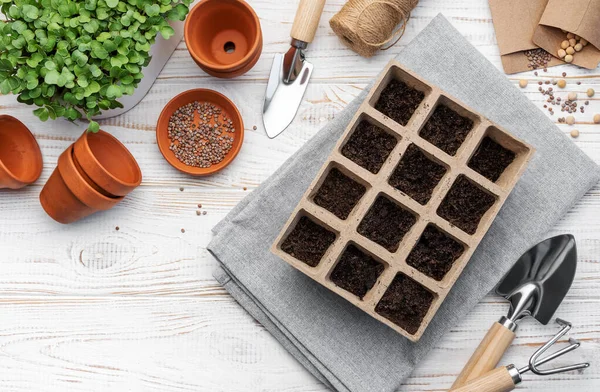 庭のコンセプト 自宅で植え付け 種を蒔くための園芸用具及び用品のセット — ストック写真