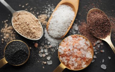 Assorted speciality salt, himalayan pink salt, italian black truffle salt, india black  kala namak salt,  hawaiian  black lava sea salt, hickory  smoked  sea salt