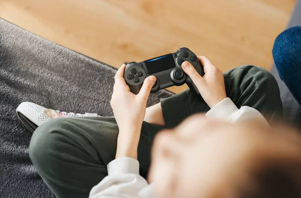 Little Girl Holding Game Controller Playing Video Games — Stock Photo, Image