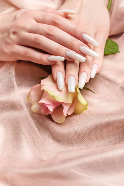 Stylish Trendy Female Manicure Beautiful Young Woman Hands White Manicure — Stock Photo, Image
