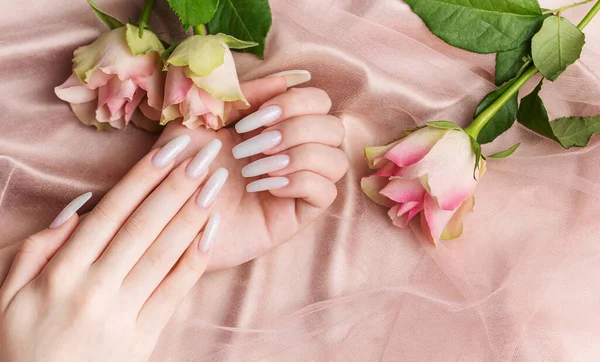 Stylowy Modny Manicure Kobiet Piękne Ręce Młodej Kobiety Białym Manicure — Zdjęcie stockowe