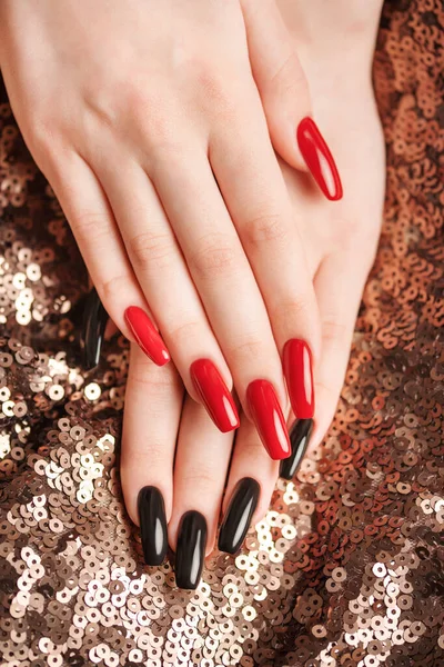 Hands Young Girl Red Black Manicure Nails Sequins Background — Φωτογραφία Αρχείου
