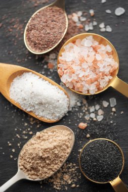 Assorted speciality salt, himalayan pink salt, italian black truffle salt, india black  kala namak salt,  hawaiian  black lava sea salt, hickory  smoked  sea salt