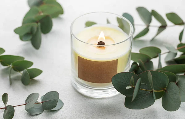 Aroma Candle Eucalyptus Leaves Concrete Background — Stock Photo, Image