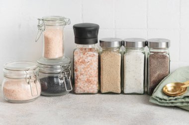 Assorted speciality salt, himalayan pink salt, italian black truffle salt, india black  kala namak salt,  hawaiian  black lava sea salt, hickory  smoked  sea sal