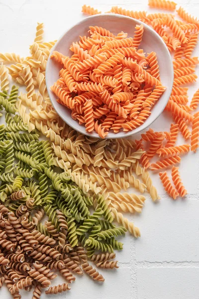 Variety Fusilli Pasta Made Different Types Legumes Green Red Lentils 로열티 프리 스톡 사진