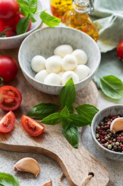 Caprese salata malzemeleri. Sağlıklı yiyecekler. Gri beton arkaplan. 