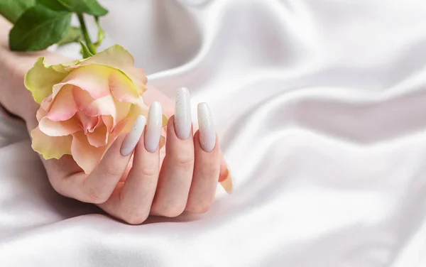Stylish trendy female manicure. Beautiful young woman\'s hands with white manicure and roses on silk white background.