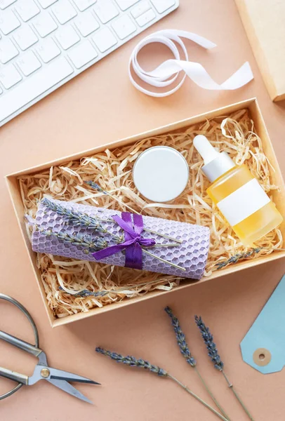 Beauty Subscription Box. Open Gift Box With Natural Cosmetic Products Inside