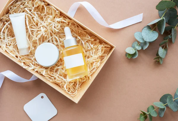 Beauty Subscription Box. Open Gift Box With Natural Cosmetic Products Inside