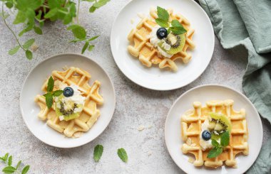 Beton gri arka planda kivi meyveleri ve yabanmersinli taze pişmiş waffle. Ev yapımı pişirme..