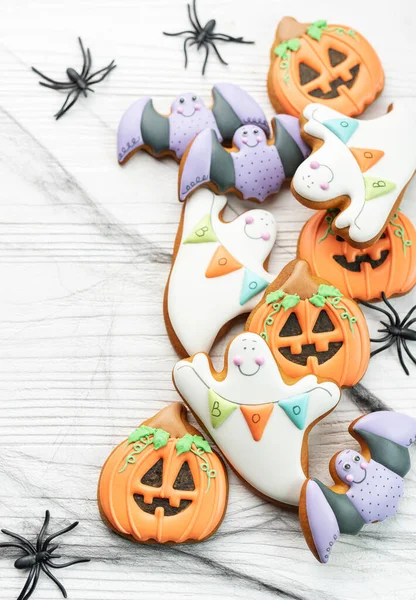 Multicolored Halloween Homemade Cookies White Wooden Background — Stock Photo, Image