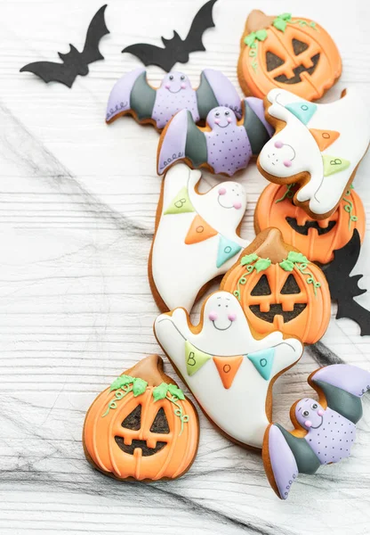 Multicolored Halloween Homemade Cookies White Wooden Background — Stock Photo, Image