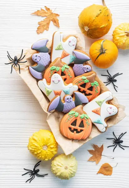 Biscuits Maison Multicolores Halloween Dans Une Boîte Cadeau Sur Fond — Photo