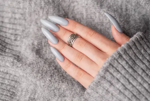 Close Woman Hand Grey Nail Polish — Stock Photo, Image