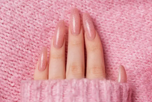 Female Hands Beautiful Manicure Pink Sweater Stock Picture