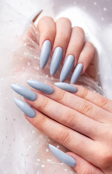 Beautiful painted in grey nails on white lace background.