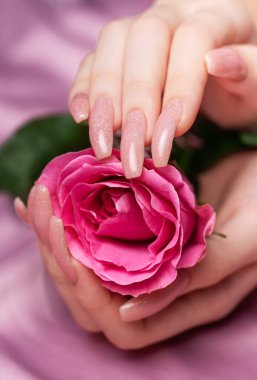 Pembe tırnak desenli kadın elleri pembe gülleri tutuyor. Pembe arka planda pembe oje manikürü.